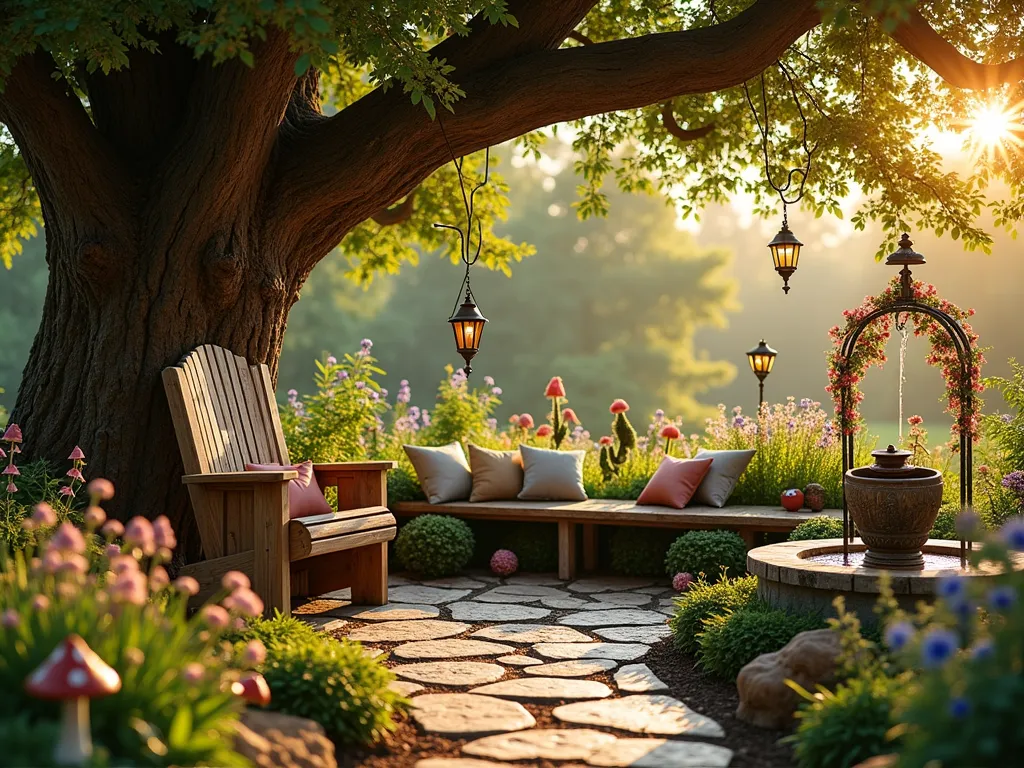 Enchanted Story Corner Memorial Garden - A cozy garden nook at golden hour, featuring a weathered wooden storyteller's chair beneath a majestic old oak tree. A semicircle of rustic log benches surrounds the chair, adorned with soft cushions. Twinkling fairy lights weave through the oak's branches, while vintage lanterns hang from shepherd's hooks. A small water fountain with bronze storybook characters creates gentle ambient sounds. The space is bordered by whimsical cottage garden plants including foxgloves, delphiniums, and climbing roses on an aged copper arch. Metal butterfly sculptures and hand-painted ceramic mushrooms dot the garden beds. Shot with a wide-angle lens to capture the magical atmosphere, with soft golden sunlight filtering through the oak leaves, creating dancing shadows on the natural stone pathway. 16-35mm lens, f/2.8, ISO 400.