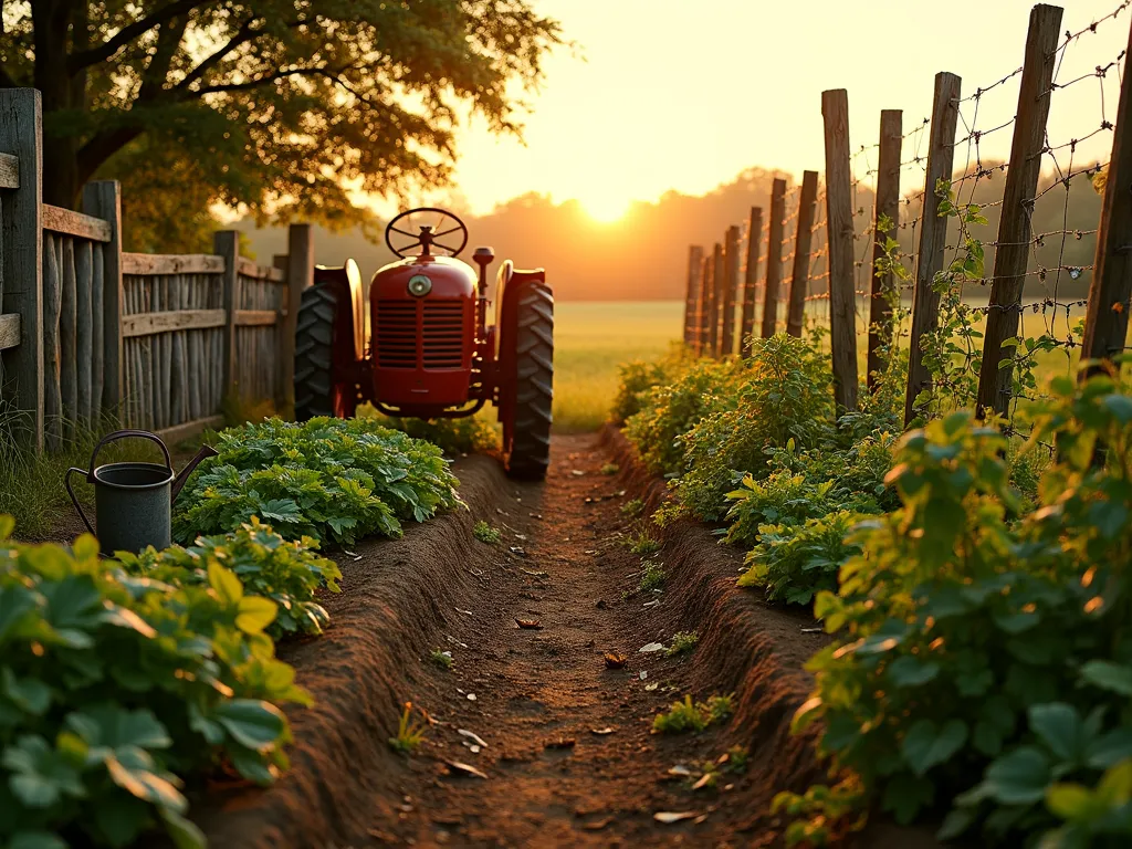 Rustic Heritage Vegetable Garden Memorial - A heartfelt memorial vegetable garden at golden hour, photographed with a wide-angle lens. Neat rows of heirloom vegetables stretch toward the horizon, while a weathered vintage red tractor serves as a centerpiece. Rustic wooden stakes crafted from reclaimed barn wood mark the garden rows, with climbing beans wrapping around them. An old wooden farm gate, beautifully weathered, frames the entrance. Sunlight filters through climbing pea vines, casting dappled shadows on the rich soil. A vintage metal watering can rests beside heritage tomato plants. The garden is bordered by weathered fence posts connected by antique rope. Low angle perspective captures the vintage farm equipment against a warm sunset sky, with monarch butterflies floating among the plants