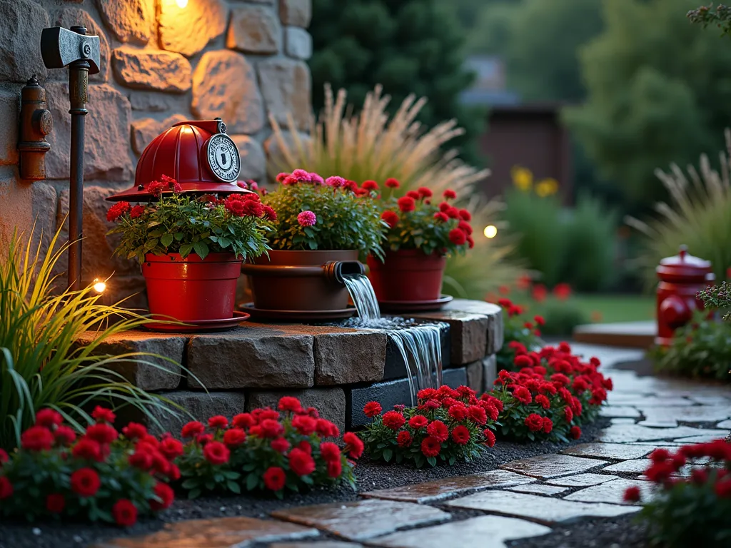 Firefighter's Memorial Garden at Dusk - A poignant memorial garden at dusk, photographed with a DSLR wide-angle lens. A vintage red fire helmet serves as a centerpiece planter filled with cascading red petunias and geraniums. Coiled fire hoses create rustic garden borders, artfully weathered with time. A modern stainless steel water feature resembling a fire hydrant creates a gentle cascade, its sound echoing through the space. Red roses, cardinal flowers, and red salvias bloom abundantly around the perimeter. Soft landscape lighting illuminates the memorial space, casting warm shadows on a weathered firefighter's axe mounted on a natural stone wall. Ornamental grasses sway gently behind the display, while a small flagstone path leads visitors through the tribute garden. The scene captures both the strength and tenderness of a firefighter's legacy.