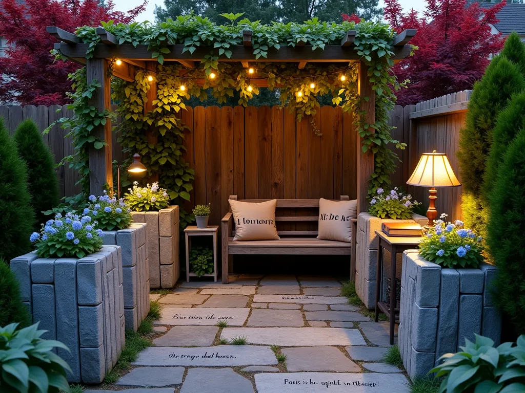 Literary Memorial Garden Nook at Dusk - A serene garden nook at dusk, featuring weathered book-shaped stone planters arranged in a semi-circle around a cozy wooden reading bench. Soft fairy lights weave through climbing ivy on a rustic pergola overhead. The planters overflow with blue forget-me-nots and white peace lilies. Stone pathways lined with inscribed river rocks feature quotes from classic literature. A vintage-style floor lamp provides warm lighting, while a small side table holds a well-worn leather-bound book. Japanese maple trees provide a dramatic burgundy backdrop, and the scene is captured in a wide-angle perspective with golden hour lighting casting long shadows across the peaceful space.