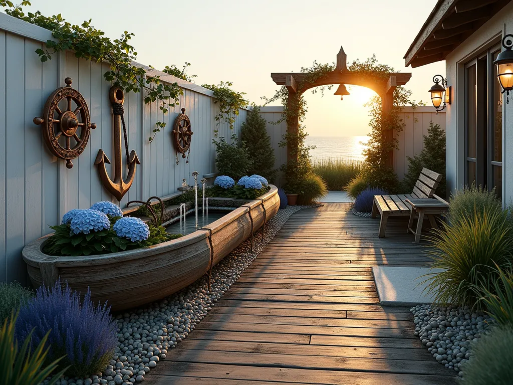 Maritime Memorial Garden at Dusk - A serene coastal-themed memorial garden at dusk, featuring a weathered wooden boat transformed into a raised planter filled with blue hydrangeas and ornamental grasses. A rustic anchor mounted on a whitewashed fence serves as a focal point, draped with nautical rope and climbing jasmine. A stone pathway leads to a peaceful water feature made from copper ship wheels cascading water into a small pond surrounded by beach pebbles. Maritime lanterns cast a warm glow across the space, while coastal ornamental grasses sway in the breeze. Driftwood benches and authentic ship cleats mounted on posts add authentic nautical charm. Sea thrift and blue fescue grass create soft borders, while a vintage ship's bell hangs from a wooden arch. Wide-angle perspective captures the entire intimate garden space with the golden light of sunset creating long shadows across the weathered deck flooring.