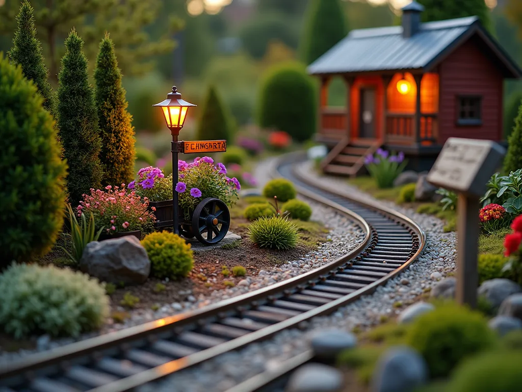 Dad's Memorial Railway Garden at Dusk - A magical twilight garden scene featuring a meticulously crafted miniature garden railway layout. An elegant curved G-scale track winds through a landscaped garden bed, serving as a decorative border. Vintage railway signals and weathered station signs peek out among dwarf conifers and miniature shrubs. Repurposed steel train wheels transformed into rustic planters overflow with cascading purple petunias and red verbena. Small-scale buildings, tiny bridges, and realistic landscaping elements create enchanting railway scenes along the track. Warm solar-powered lanterns illuminate the path, casting a gentle golden glow across the garden. A weathered wooden bench nearby provides a peaceful spot for reflection. The scene is photographed from a low angle to capture the immersive miniature world perspective, with soft dusk lighting creating long shadows and magical ambiance.