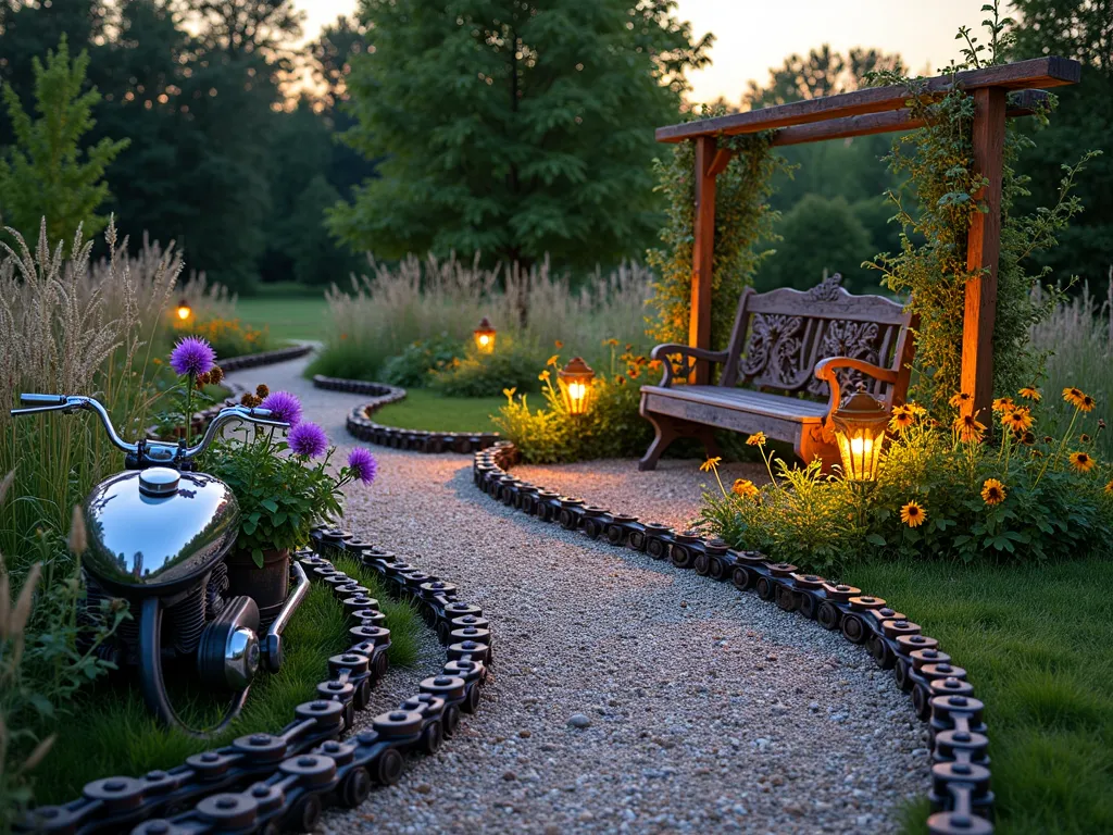 Rustic Motorcycle Memorial Garden at Dusk - A serene garden memorial space at dusk with a winding gravel path bordered by repurposed motorcycle chains. In the foreground, a vintage chrome motorcycle gas tank transformed into a unique planter overflows with purple coneflowers and wild grasses. To the right, an artistic arrangement features a weathered motorcycle wheel hub serving as a central garden sculpture, surrounded by Black-eyed Susans and native prairie flowers. A custom-made bench crafted from a restored vintage motorcycle seat and handlebars provides a contemplative seating area. Soft pathway lighting illuminates the curved borders, while climbing moonflowers on a rustic trellis add vertical interest. The scene is captured in a wide-angle perspective with warm evening light casting long shadows across the textured landscape.