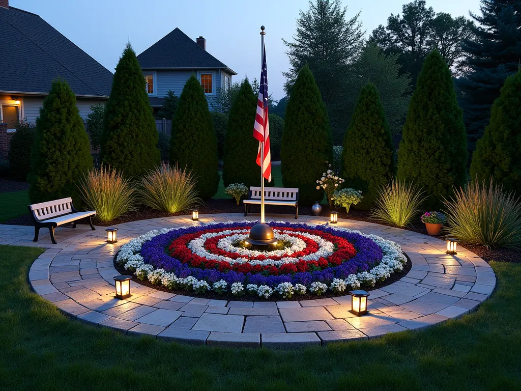 Patriotic Military Memorial Garden at Dusk - A serene garden memorial at dusk, featuring a raised circular garden bed bordered by natural stone. In the center stands a dignified military service flag pole with an American flag at half-mast, softly illuminated by warm landscape lighting. The garden showcases concentric circles of flowers in red (Salvia), white (Shasta Daisies), and blue (Delphinium), creating a living American flag pattern. A polished granite bench faces the display, while carefully placed military memorabilia, including a bronze service branch medallion and a vintage helmet transformed into a planter, add personal touches. Stone pathways lined with solar lights radiate from the center like a compass rose. Mature evergreen shrubs provide a respectful backdrop, while ornamental grasses sway gently in the evening breeze. The scene is photographed from a slightly elevated angle, capturing the entire circular design while showing the peaceful integration into a larger backyard landscape.