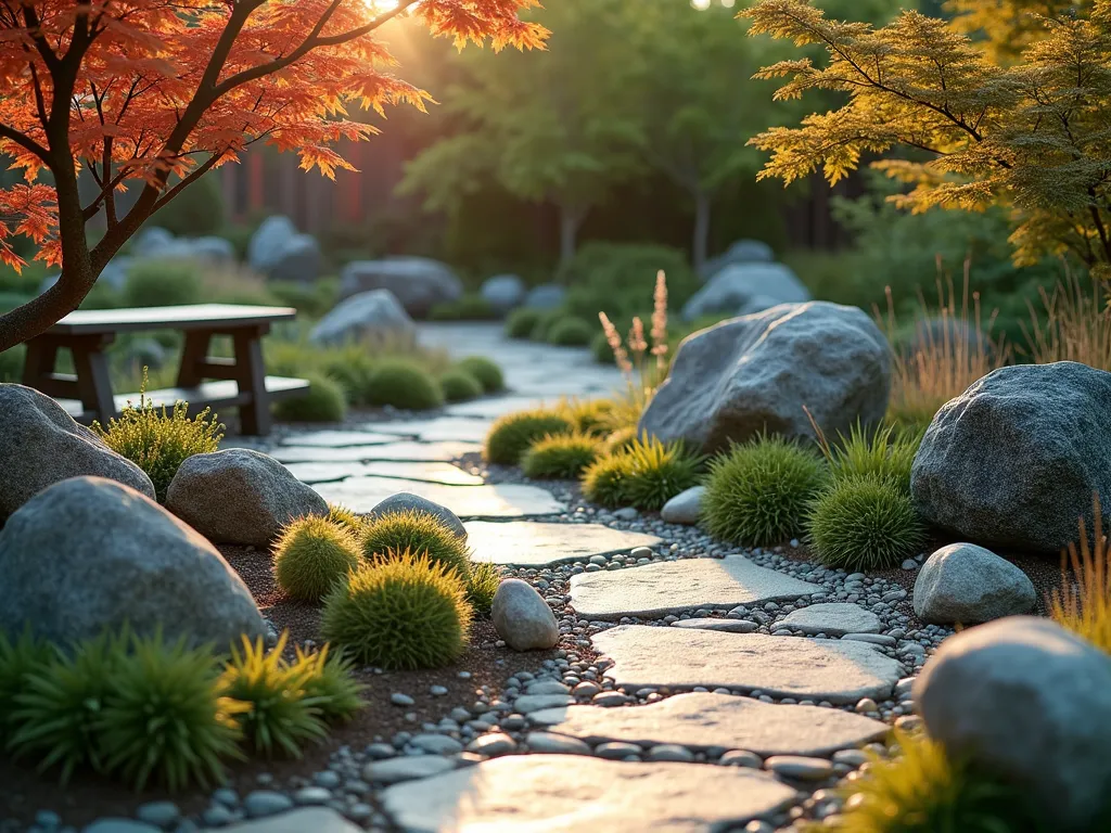 Serene Rock Collector's Memorial Garden - A tranquil garden setting at golden hour, featuring an artistically arranged rock collection display integrated into a peaceful landscape design. A winding pathway made of polished river stones leads through beds of low-growing sedums and ornamental grasses. Large specimen rocks of various colors and textures are thoughtfully positioned as focal points, some nestled among cushions of moss and delicate alpine plants. Natural stone steps lead to a contemplative seating area with a weathered wooden bench. Soft, warm sunlight filters through Japanese maple branches, casting gentle shadows across the carefully curated geological displays. Various crystalline specimens catch the light, creating subtle sparkles throughout the garden. Shot with a wide-angle perspective to capture the harmonious blend of natural elements, with the foreground featuring detailed rock formations and the background softly blurred.