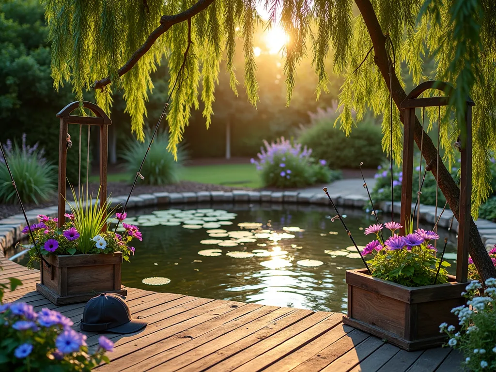 Rustic Fishing Memorial Garden Corner - A serene garden corner at golden hour, featuring a naturalistic pond with water lilies and gentle ripples. Vintage fishing rods artfully arranged as rustic trellises support climbing jasmine, while weathered wooden tackle boxes repurposed as planters overflow with purple petunias and white alyssum. A handcrafted wooden bench sits beneath a weeping willow, with dad's favorite fishing hat resting on one end. Soft evening light filters through the willow branches, creating dappled shadows on the weathered deck platform. Native koi fish swim lazily in the crystal-clear pond water, while natural stone borders blend seamlessly with the surrounding garden landscape. Shot with a wide-angle lens to capture the entire peaceful retreat, with the setting sun creating golden reflections on the water's surface.