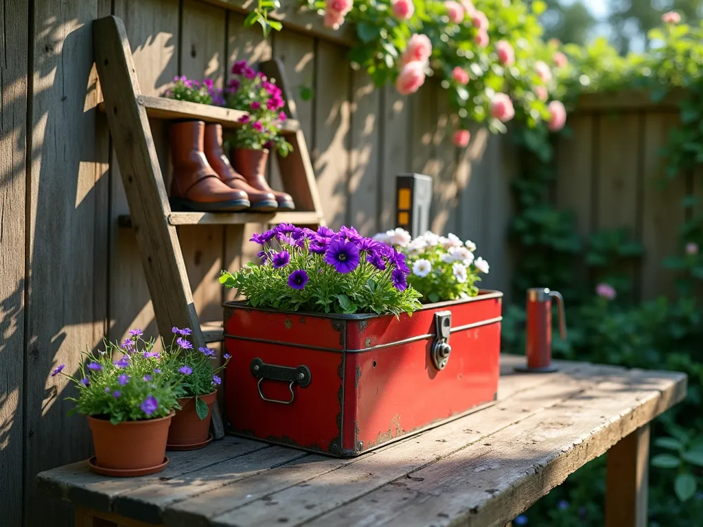 Rustic Memorial Toolbox Garden - A close-up photograph of a weathered wooden workbench in a sunlit garden corner, featuring a lovingly arranged vintage red metal toolbox repurposed as a planter, overflowing with purple petunias and white alyssum. An old wooden ladder serves as a tiered plant stand behind it, displaying smaller potted succulents in repurposed work boots and vintage hand tools. Morning sunlight filters through nearby trees, casting dappled shadows across the scene. Dad's old steel measuring tape and level are artfully arranged as garden markers among blooming forget-me-nots. The background shows a rustic garden fence with climbing roses, creating a warm, nostalgic atmosphere. Shot with deep depth of field to capture intricate details and textures. 8K, photorealistic, emotional.