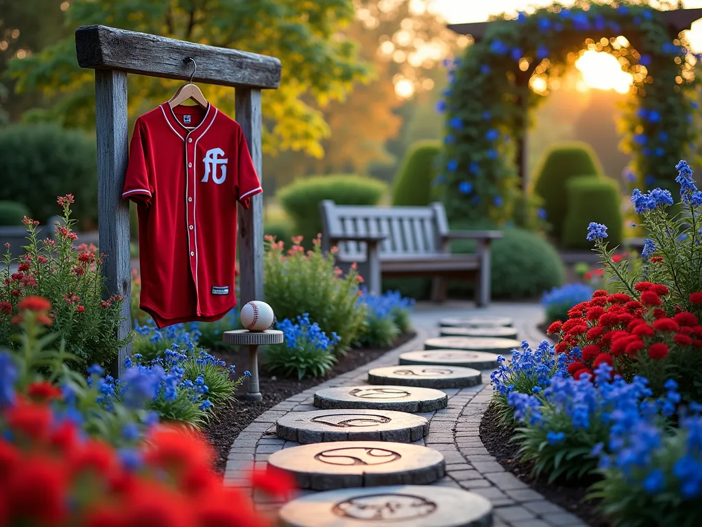 Sports Memorial Garden with Team Colors - A close-up DSLR photo of a touching memorial garden space at golden hour, featuring a curved garden bed with red and blue flowers (representing a sports team's colors). A weathered baseball jersey is artistically displayed on a rustic wooden frame serving as a garden focal point. Custom-made stepping stones featuring carved team logos lead through the garden. The bed is bordered by vibrant red salvias and blue delphiniums, with a vintage baseball positioned on a small pedestal. A comfortable wooden bench sits nearby, perfect for reflection. The scene is captured with a wide-angle lens at f/8, creating a warm, emotional atmosphere with natural lighting filtering through the flowers. The background shows a pergola draped with climbing blue morning glories, completing the team color theme.