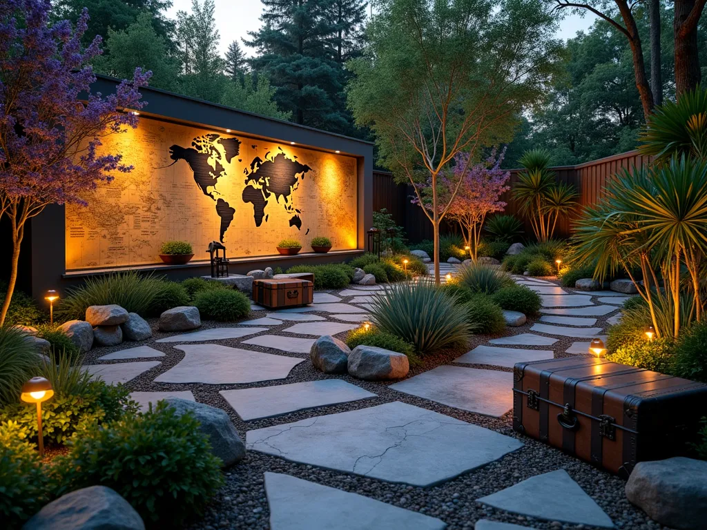 Global Travel Memory Garden at Dusk - A serene twilight garden featuring distinct themed sections connected by winding stone paths. The centerpiece is a vintage world map wall with weather-resistant display cases showing travel memorabilia. Mediterranean section with lavender and olive trees, Asian-inspired corner with cherry blossoms and bamboo, tropical area with birds of paradise and palm fronds. Weathered wooden signposts pointing to different destinations. Soft landscape lighting illuminates small water features representing different continents. Rustic travel trunk repurposed as a planter. Wide-angle perspective capturing the entire space with golden hour lighting casting long shadows across the garden, creating a nostalgic atmosphere.