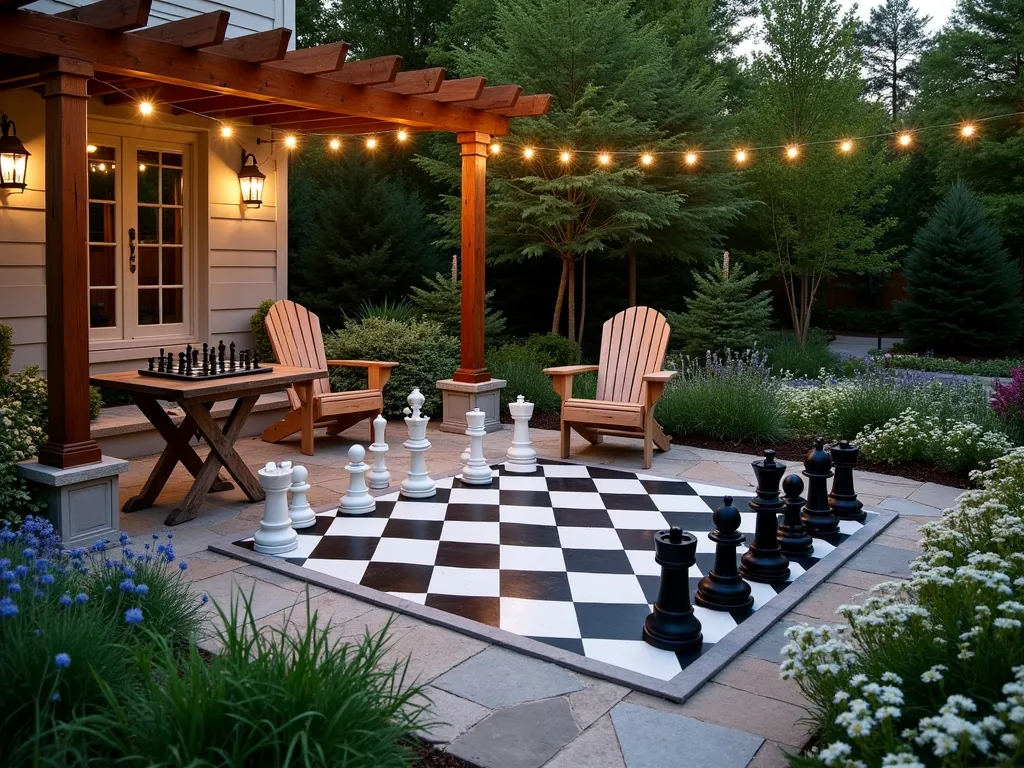 Twilight Game Night Memorial Garden - A serene garden scene at dusk, captured with a wide-angle lens showing a cozy, intimate outdoor space. A beautiful stone patio features an oversized chess board with 3-foot-tall weathered bronze chess pieces. The surrounding garden beds follow a striking black and white checkerboard pattern using white alyssum and dark mondo grass. String lights twinkle overhead between wooden pergola posts, casting a warm glow. Two comfortable Adirondack chairs face each other across a rustic wooden game table, with Dad's favorite checker set displayed. Natural stone pathways wind through the garden, bordered by flowering perennials in soft blues and purples. A small bronze plaque reading 'Dad's Game Corner' is nestled among the flowers. The scene is photographed in golden hour lighting, creating long, gentle shadows across the chess board, shot at f/2.8 to capture the ambient light and create a dreamy atmosphere.