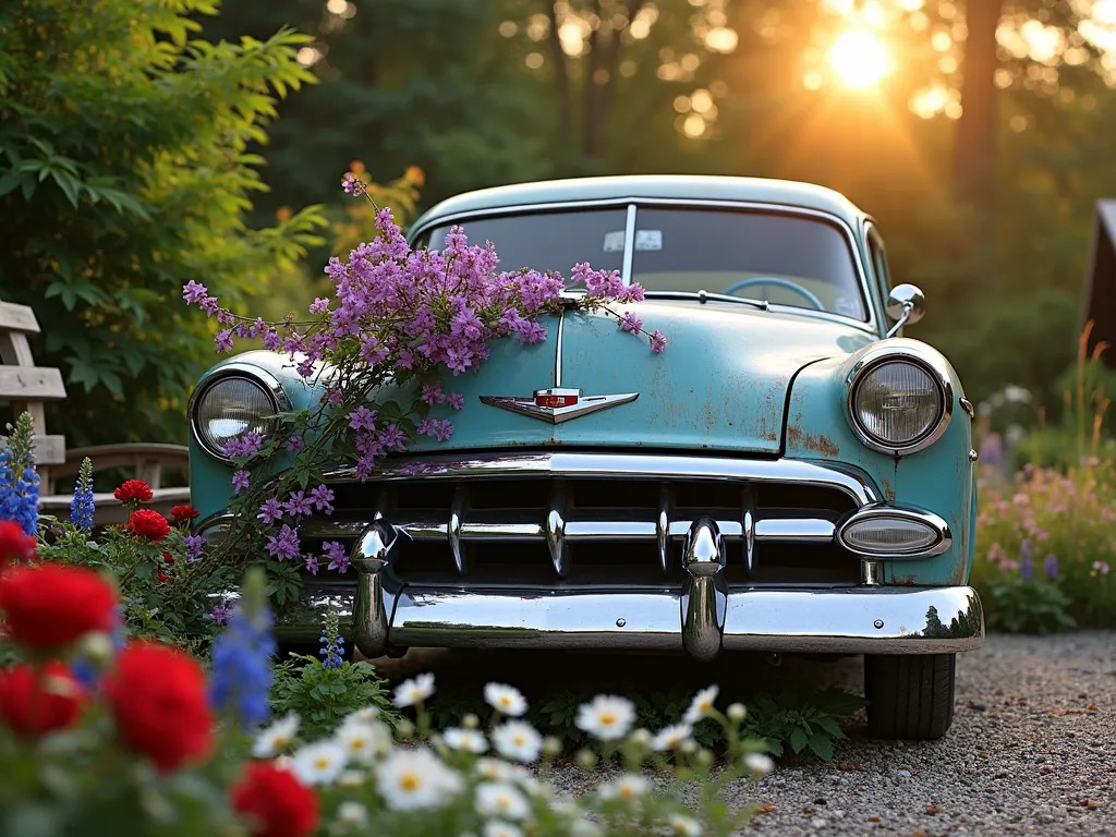 Vintage Car Memorial Garden Feature - A beautifully restored 1950s classic car front grill and hood, weathered to a rustic patina, serving as a dramatic focal point in a peaceful garden setting at golden hour. The chrome grill is partially embraced by cascading purple clematis vines and surrounded by a thoughtfully designed flower bed featuring red roses, white daisies, and blue delphiniums. Soft evening sunlight filters through nearby maple trees, casting warm shadows across the automotive memorial. The grill is positioned at a 45-degree angle on a bed of decorative gravel, with natural stone edging defining the garden space. A wooden bench sits nearby for reflection, while butterfly bushes and ornamental grasses provide gentle movement in the background. Shot with shallow depth of field focusing on the car feature with garden elements softly blurred, creating a nostalgic and contemplative atmosphere.