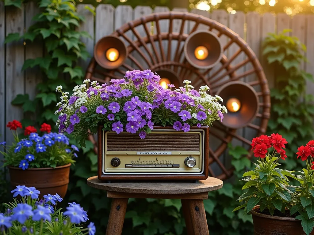 Vintage Radio Memorial Garden at Sunset - A nostalgic garden vignette at golden hour, featuring a weathered 1950s tube radio repurposed as a unique planter, overflowing with cascading purple petunias and white alyssum. The radio sits on a rustic wooden stand, while behind it, an artistic trellis made from copper-toned vintage radio antennas supports climbing morning glories. Old wooden speakers frame the scene, transformed into planters filled with blue salvias and red geraniums. Ambient garden lights nestled among the plants create a warm, ethereal glow. The scene is set against a weathered fence backdrop with trailing ivy, creating depth and atmosphere. Photorealistic, cinematic lighting, emotional, f/2.8 aperture, Canon EOS quality.