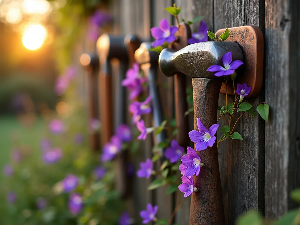 Vintage Tool Memorial Garden Wall - A close-up shot during golden hour of a weathered wooden fence panel adorned with carefully arranged vintage workshop tools, including copper-patinated hammers, wrenches, and hand saws. Purple clematis vines elegantly weave through the tools, with delicate morning glory flowers cascading down. Soft evening sunlight casts warm shadows across the rustic display, highlighting the worn textures of the tools. Natural bokeh effect in background shows glimpses of a lush garden. Shot with shallow depth of field focusing on a central vintage hammer surrounded by blooming flowers.