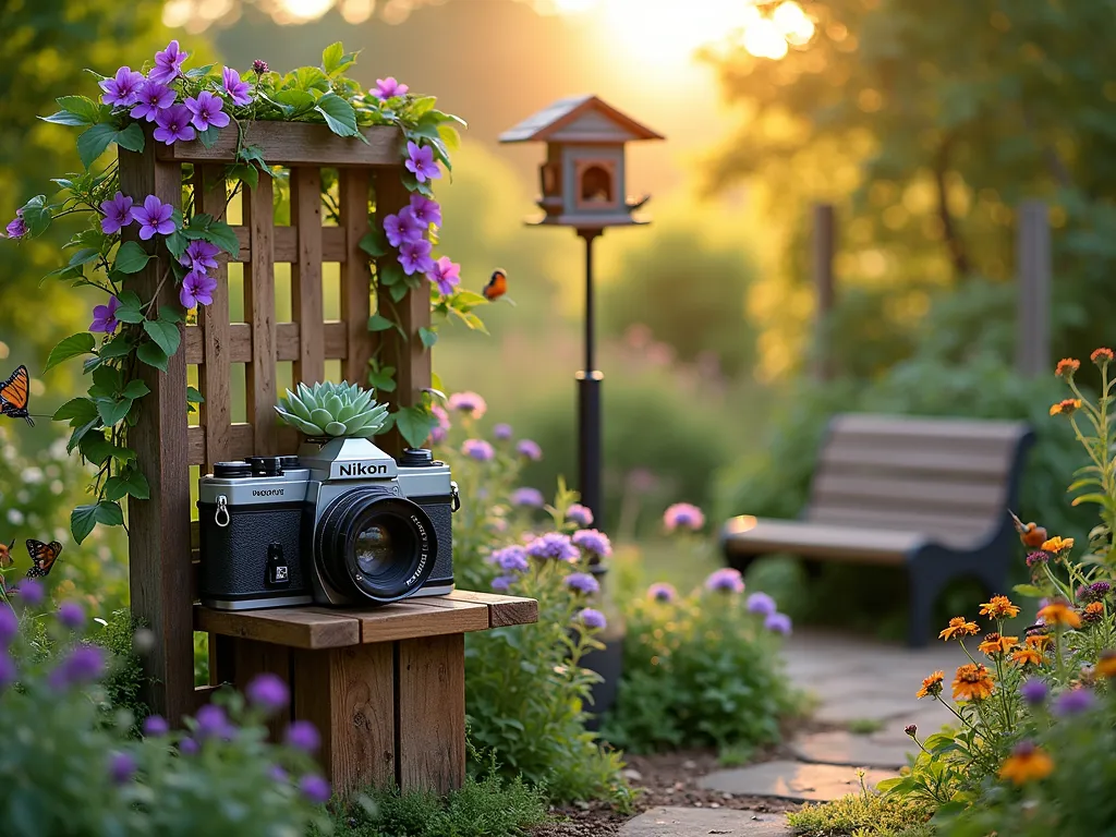 Wildlife Photographer's Memorial Garden at Golden Hour - A serene garden corner at golden hour, featuring a vintage wooden trellis crafted in the shape of a camera frame, draped with climbing purple clematis. In the foreground, an artistically weathered Nikon F2 camera repurposed as a unique succulent planter sits atop a rustic wooden pedestal. Surrounding the space, native wildflowers like black-eyed susans and purple coneflowers sway gently, attracting monarch butterflies. A creative bird feeder made from a transformed vintage twin-lens reflex camera hangs from a shepherd's hook, with cardinals and finches gathering around. Soft, warm sunlight filters through Japanese maple leaves, creating dappled shadows across a small contemplation bench. The scene is captured with a shallow depth of field, focusing on the camera-planter while the background garden elements create a dreamy bokeh effect.