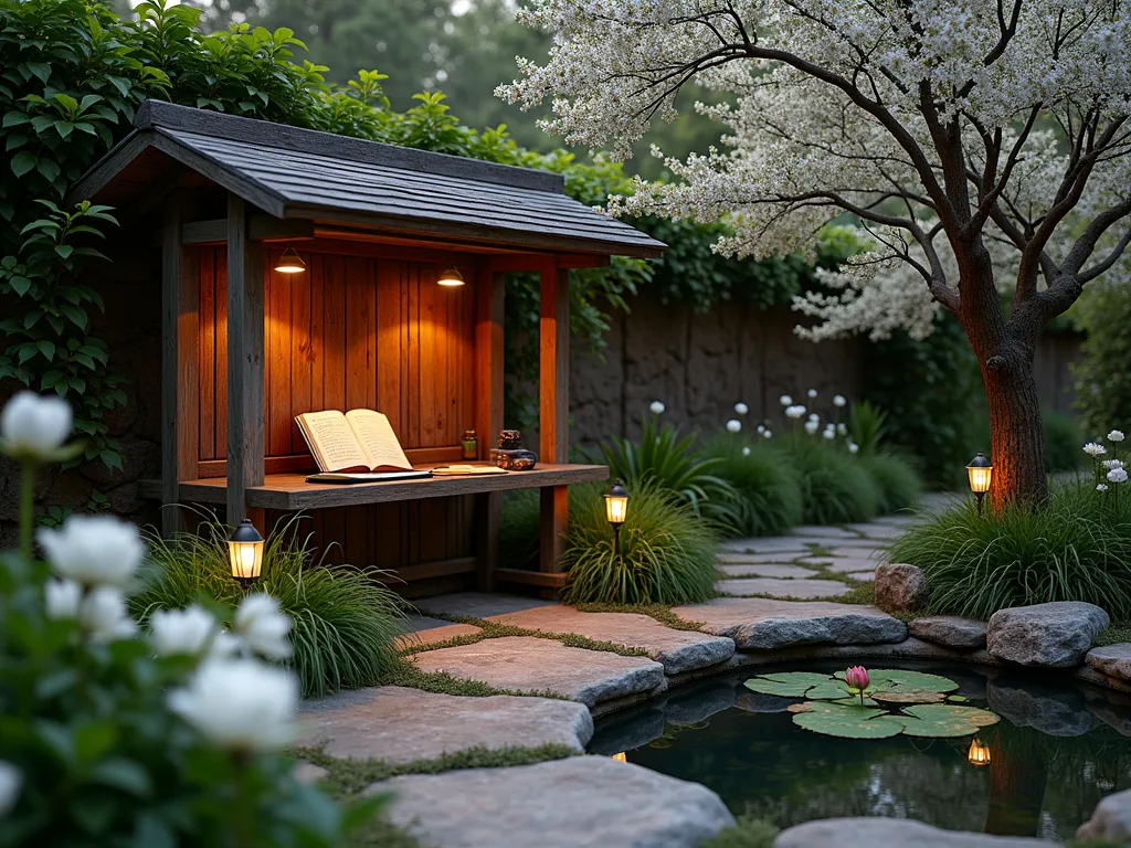 Tranquil Writer's Memorial Garden at Dusk - A serene garden nook at dusk, featuring a weathered wooden writing desk nestled beneath a weeping cherry tree. Soft garden lights illuminate hand-carved stone tablets displaying meaningful quotes along a curved pathway. The desk faces a small meditation pond with water lilies, surrounded by white flowering plants including peace lilies and white roses. Natural stone benches with copper patina plaques hold dad's written wisdom. Japanese forest grass and hostas create peaceful ground cover, while climbing jasmine on a wooden pergola adds height and fragrance. Shot with a wide-angle lens capturing the golden hour atmosphere, with selective focus on the desk area where an open journal rests.