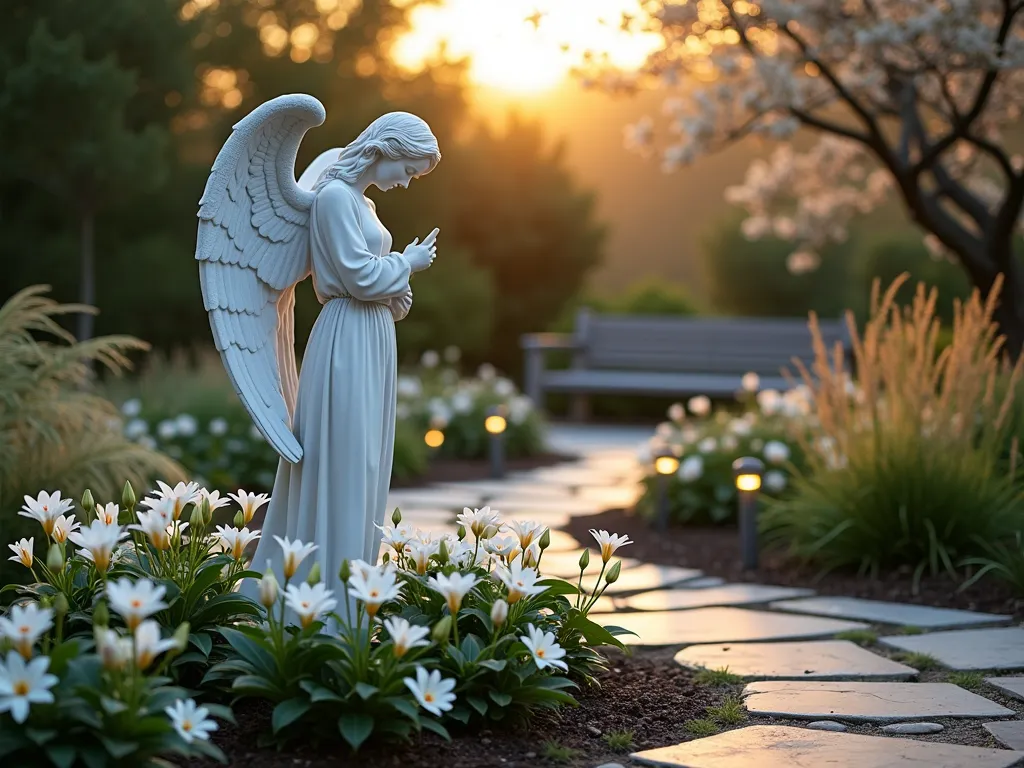 Serene Angel Memorial Garden at Twilight - A professional DSLR photograph of a peaceful memorial garden at twilight, featuring a life-sized white marble angel statue as the centerpiece, its wings gracefully spread and head bowed in contemplation. The angel is surrounded by a circular garden bed filled with blooming white peace lilies and fragrant gardenias that seem to glow in the soft evening light. Stone pathways lead to the statue, lined with solar lights that create a gentle, ethereal ambiance. Ornamental grasses sway softly in the background, while a natural stone bench offers a place for reflection. The composition is captured with a wide-angle lens to show the garden's layout, with the statue perfectly framed by flowering trees in the distance. The golden hour lighting casts long shadows and creates a heavenly atmosphere, with rays of sunset filtering through the foliage. Shot at f/8 for optimal depth of field, highlighting both the detailed craftsmanship of the angel and the delicate white blooms surrounding it.