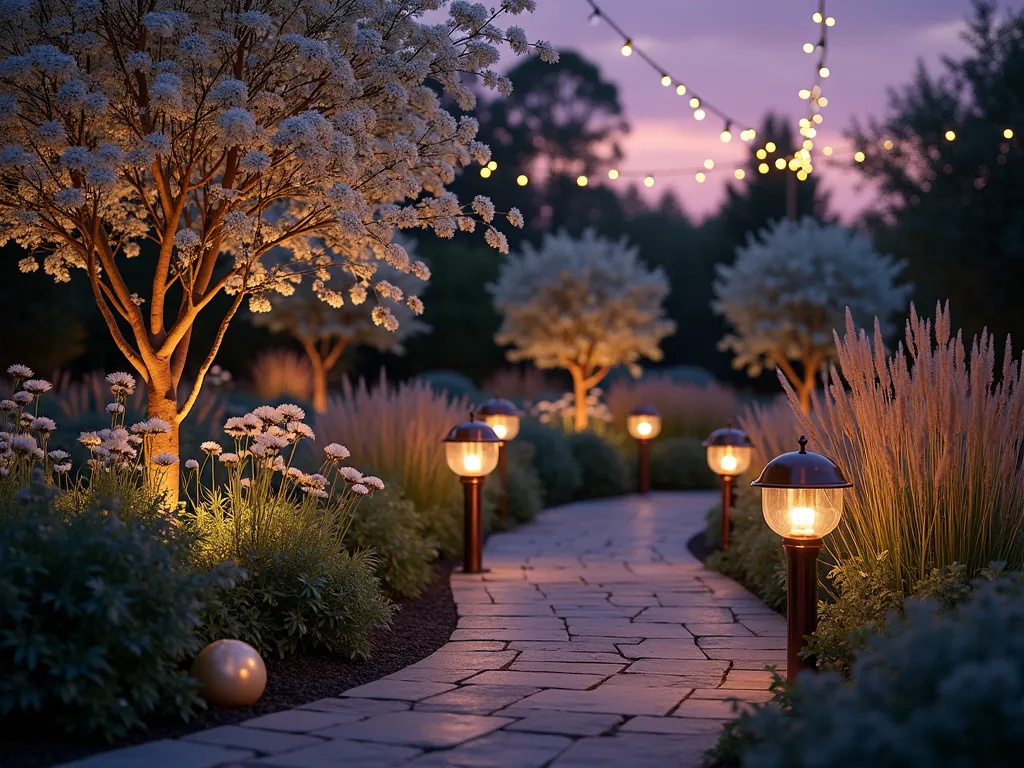 Ethereal Evening Memorial Garden - Twilight garden scene bathed in soft, ethereal lighting, featuring graceful white moonflowers and evening primrose blooming under a dusky purple sky. Elegant copper solar lanterns line a curved stone pathway, casting warm golden pools of light. Delicate landscape lights illuminate white flowering trees from below, creating magical shadows. In the foreground, luminous glass orbs nestle among silvery foliage, while string lights draped overhead create a celestial canopy effect. The intimate garden space is framed by ornamental grasses swaying gently in the evening breeze, their silhouettes backlit against the deepening sky. Shot from a wide angle perspective with selective focus on the illuminated elements, creating a dreamy, contemplative atmosphere perfect for remembrance.