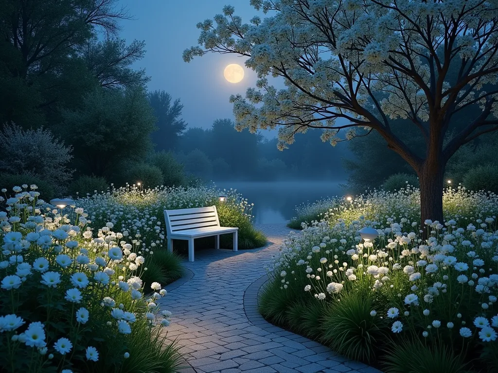 Ethereal Moonlit Memorial Garden - A serene nighttime garden scene illuminated by a full moon, featuring a winding path through beds of luminous white flowers. Pure white roses, moonflowers, and Japanese anemones glow ethereally against silvery-green Lamb's ear and Artemisia foliage. The garden is photographed from a low wide angle, capturing the moonlight filtering through white flowering dogwood branches overhead. Delicate garden lights are tastefully placed among the plants, creating soft pools of light. White garden benches peek through the foliage, offering peaceful spots for reflection. The overall composition creates a dreamy, otherworldly atmosphere with a gentle mist hovering near the ground, enhancing the garden's mystical quality.