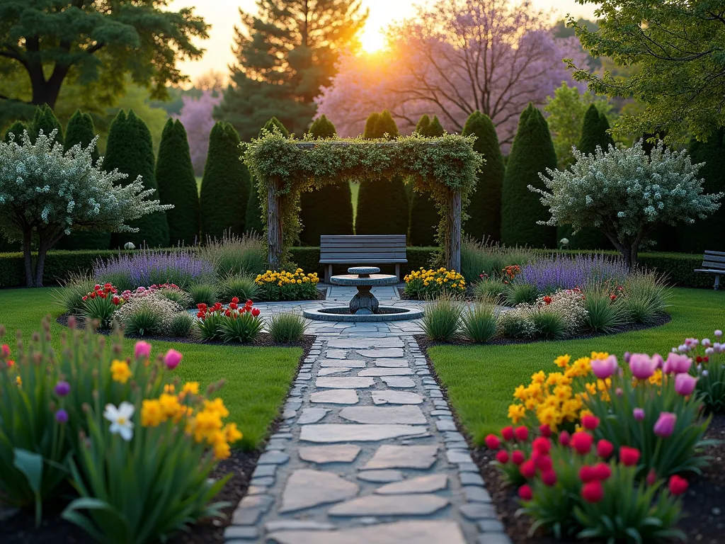 Four Seasons Memorial Garden at Dusk - A tranquil memorial garden photographed at dusk with golden hour lighting, featuring a circular design with four distinct quadrants representing each season. The garden includes flowering cherry trees, evergreen boxwoods, and ornamental grasses creating structure. A central stone memorial bench sits beneath a wooden pergola adorned with climbing wisteria. Spring quadrant blooms with tulips and daffodils, summer showcases lavender and roses, autumn displays chrysanthemums and ornamental grasses, while winter features holly bushes with red berries and white-barked birch trees. Stone pathways divide the sections, with gentle landscape lighting illuminating the peaceful scene. Shot with a wide-angle perspective to capture the entire garden's harmonious design, with soft bokeh effects on the garden edges.