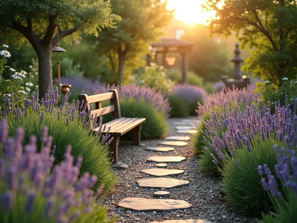 Tranquil Memorial Herb Garden at Sunset - A serene healing herb garden photographed during golden hour, featuring winding paths through lush beds of blooming lavender, chamomile, and sage. Soft evening light filters through the herbs, creating a dreamy atmosphere. A rustic wooden bench sits among the plants, with delicate copper wind chimes hanging nearby. The garden is bordered by natural stone edging and includes a small meditation fountain. Shot with a wide-angle lens to capture the garden's layout, with the setting sun creating beautiful backlit effects through the swaying herbs. The composition includes varying heights of plants, with lavender in full bloom dominating the foreground, while sage and chamomile create a harmonious middle ground. Dew drops on the plants sparkle in the warm evening light.