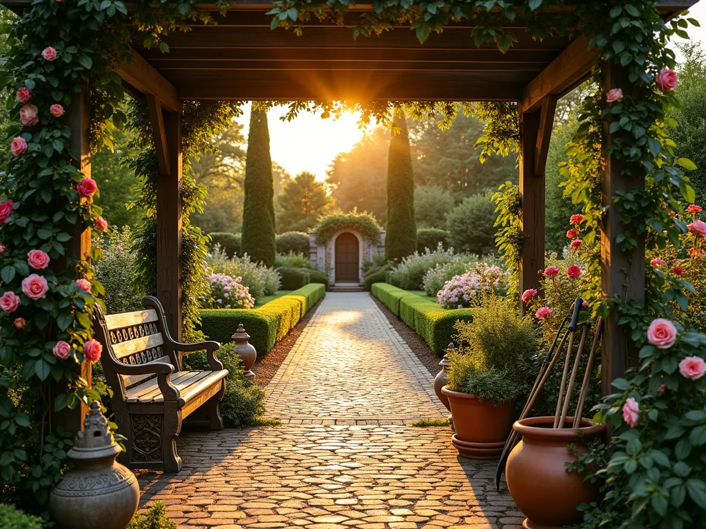 Heritage Rose Garden at Sunset - A serene garden pathway at golden hour, featuring traditional English roses, Italian cypress trees, and Japanese maple, arranged in terraced beds. A weathered stone bench sits beneath a rustic wooden pergola draped with heritage climbing roses. Celtic-inspired garden ornaments and vintage terracotta pots filled with Mediterranean herbs line the path. The warm sunset light filters through the foliage, casting long shadows across the aged brick pathway. Shot with a wide-angle lens at f/8, capturing the depth and legacy of multi-generational plantings in rich, emotional detail. Antique garden tools handed down through generations rest artfully against the pergola post.