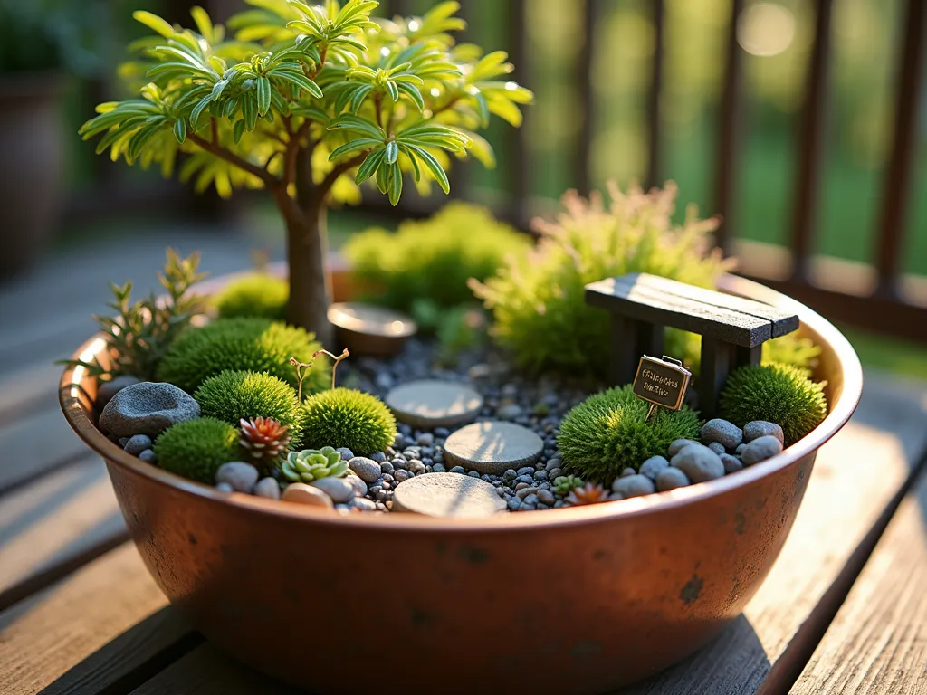 Intimate Miniature Memory Garden at Dusk - A close-up view of a beautifully crafted miniature memory garden set in a weathered copper container on a wooden deck, captured during golden hour. The garden features delicate fairy garden-sized plants including tiny dwarf conifers, miniature hostas, and baby's tears creating a lush backdrop. A small, aged brass memorial plaque rests among tiny stepping stones, while a diminutive copper wind chime and miniature stone bench add personal touches. Soft evening light filters through a small Japanese maple, casting gentle shadows across the scene. Small twinkling solar lights are nestled among the tiny plants, creating a magical, intimate atmosphere. The garden is accented with tiny succulents and moss-covered rocks, giving depth and texture to the meaningful space.