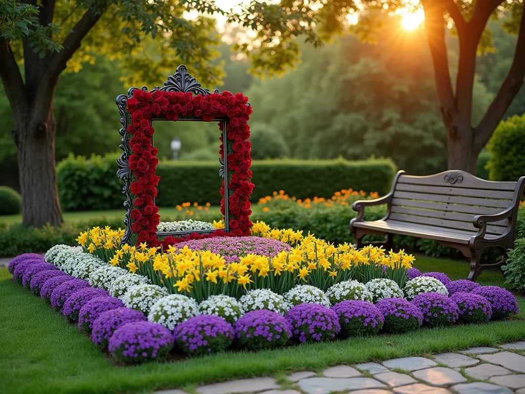 Living Photo Frame Memorial Garden - A touching garden memorial featuring a large rectangular flower bed designed like an ornate photo frame, photographed during golden hour. The 'frame' is crafted from neat rows of deep purple lavender and white alyssum, creating a clear border effect. The inner portion bursts with vibrant red roses and yellow daffodils in full bloom, symbolizing parental love. A rustic wooden bench sits nearby, positioned to view the living portrait. Natural stone pavers lead to the display, while mature trees in the background create a soft, dappled lighting effect. The composition is captured from a 45-degree angle to show both the depth and pattern of the frame design, with the setting sun casting warm, golden light across the memorial garden. Shot with shallow depth of field to emphasize the frame's detail while maintaining the garden context.