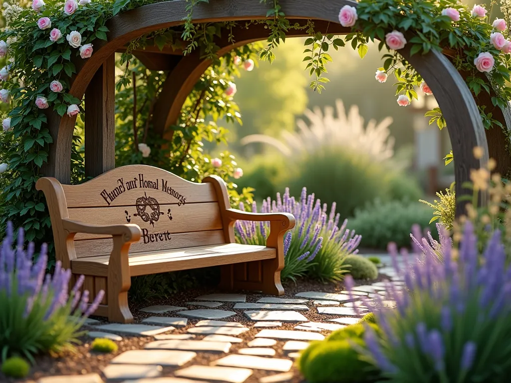 Sunset Memorial Garden Bench Haven - A serene garden scene at golden hour, featuring a handcrafted teak memorial bench with elegant carved inscriptions, nestled in a curved garden alcove. The bench is surrounded by blooming lavender, soft pink roses, and white flowering dogwood trees. Dappled sunlight filters through the branches, creating gentle shadows on the weathered wood bench. Natural stone pavers lead to this intimate seating area, while climbing jasmine adorns a rustic wooden arch overhead. Purple and white verbena spills onto the pathway edges, and ornamental grasses sway gently in the background. The scene is captured from a diagonal angle, showing both the bench's detailed inscription and the surrounding garden's gentle embrace, with soft bokeh effects in the background.