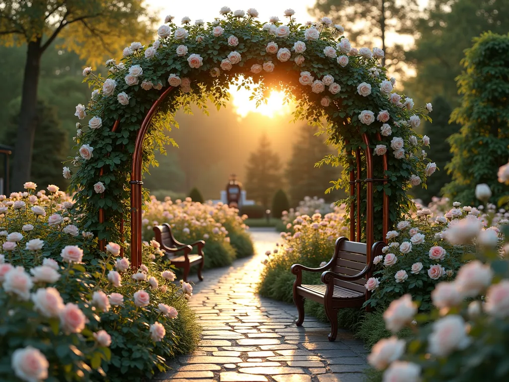 Memorial Rose Garden Arch at Sunset - A serene memorial rose garden at golden hour, featuring a weathered copper arch covered in climbing 'Peace' roses in soft peach and cream. White 'Remember Me' roses line a curved flagstone path, while pink 'Love' roses bloom abundantly in dedicated beds. Soft evening light filters through the arch, creating a warm, ethereal glow. The garden includes classic wooden benches and vintage-style lanterns. Shot with a wide-angle lens capturing the entire garden vista, with the sun setting behind the arch creating a beautiful backlit effect. Professional DSLR photography, f/8, ISO 100, 1/125s, natural lighting, cinematic composition, 8K quality.