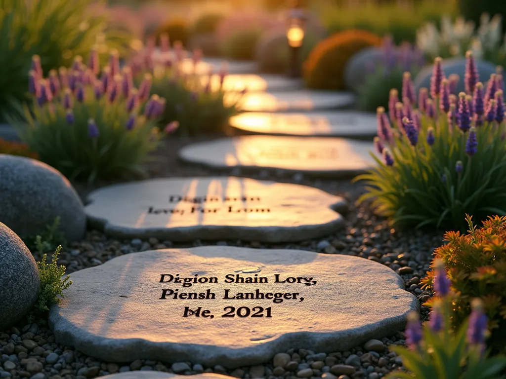 Personalized Memorial Stone Garden Path at Sunset - A serene and winding garden pathway captured during golden hour, featuring beautifully crafted natural stone steps engraved with personal messages and dates. The path meanders through lush gardens with soft-flowing lavender and ornamental grasses on either side. Rustic weathered stepping stones in varying earth tones create a harmonious flow, each bearing heartfelt inscriptions that catch the warm evening light. Japanese maples cast gentle shadows across the stones, while solar lanterns emit a subtle glow along the edges. Shot from a low angle perspective to emphasize the journey-like quality of the path, with selective focus on the nearest engraved stone showing a touching family message. The background features a subtle bokeh effect of purple and white flowering perennials, creating depth and emotional resonance. Photographed with natural lighting at sunset, creating long, dramatic shadows that highlight the texture of the carved stones.