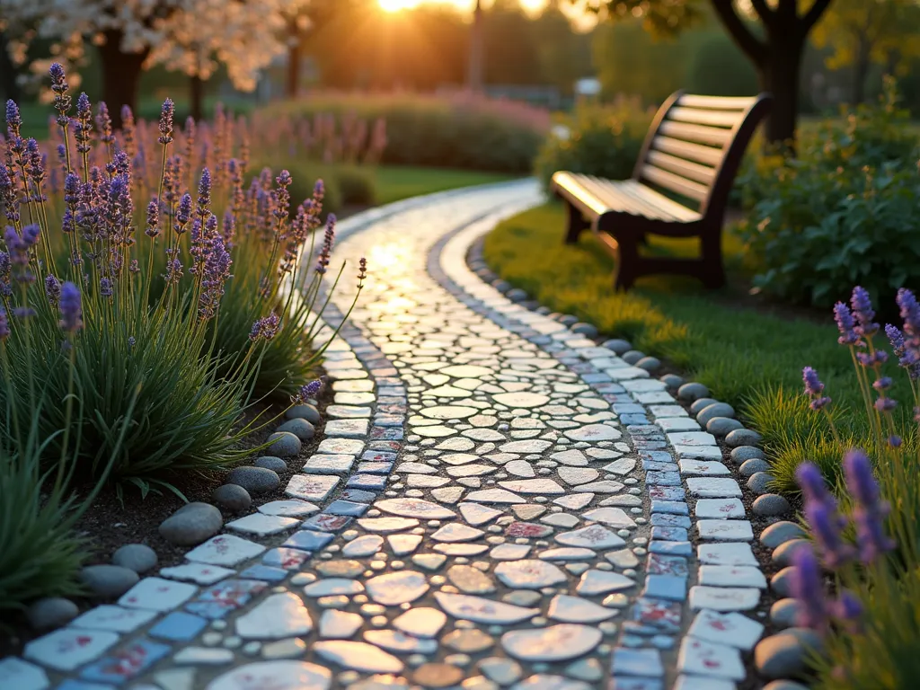 Mosaic Memory Garden Path at Sunset - A winding garden path at golden hour, photographed at f/2.8 with a 16-35mm lens. The path is crafted from intricate mosaic work featuring broken vintage china pieces in soft blues, whites, and florals, interspersed with smooth river stones. Personal mementos and hand-painted tiles are thoughtfully incorporated into the design. The path meanders through a lush garden with lavender and roses bordering its edges. Warm sunset light casts long shadows across the mosaic surface, highlighting the dimensional texture of the pieces. In the background, a wooden bench sits beneath a flowering cherry tree. The close-up perspective captures the detailed craftsmanship of the mosaic work while showing enough of the surrounding garden to provide context.