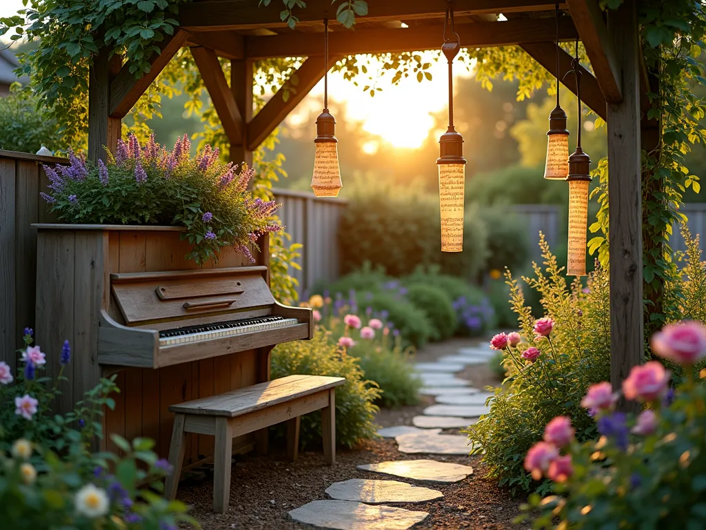 Musical Memorial Garden at Sunset - A serene garden memorial space at golden sunset, featuring a weathered wooden piano transformed into a cascading flower planter, surrounded by lush cottage garden flowers. Vintage sheet music crafted into decorative wind chimes hang from a rustic arbor, while well-loved garden tools are artistically arranged as garden stakes among blooming roses and lavender. A cozy wooden bench nestled beneath the arbor provides a peaceful spot for reflection. Soft evening light filters through the musical wind chimes, casting melodic shadows on the natural stone pathway below. The scene is captured in a wide angle shot that shows the intimate garden space within a larger backyard setting, with depth and atmospheric lighting.