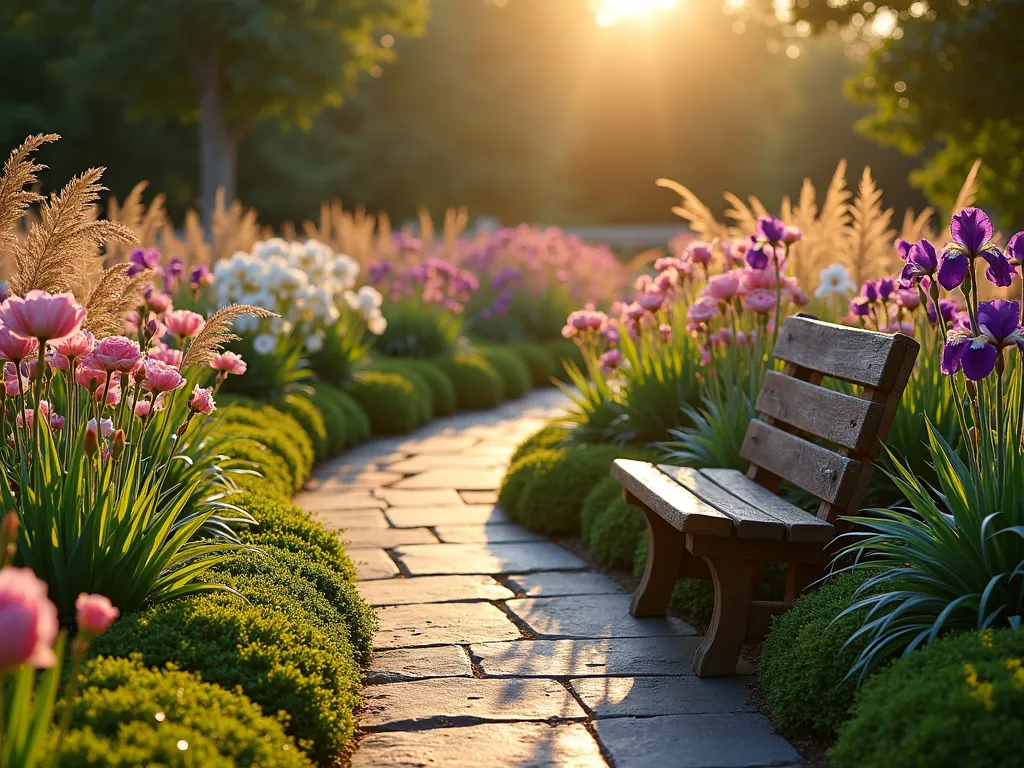 Parent's Memorial Flower Border at Sunset - A serene garden border photographed at golden hour, featuring a harmonious blend of pink roses, purple irises, and white lilies arranged in graceful curved beds. The low sunlight casts long, warm shadows across the meticulously maintained flower border, which curves elegantly along a natural stone pathway. In the foreground, ornamental grasses sway gently, while a rustic wooden bench sits nestled among the blooms, creating a peaceful spot for reflection. Shot with a wide-angle perspective that captures the entire border's sweeping design, with selective focus on the flowers in the foreground. The background shows mature trees softened by the evening light, creating a sense of established sanctuary. Crystal-clear dew drops on the petals catch the golden sunlight, adding sparkle to the scene.