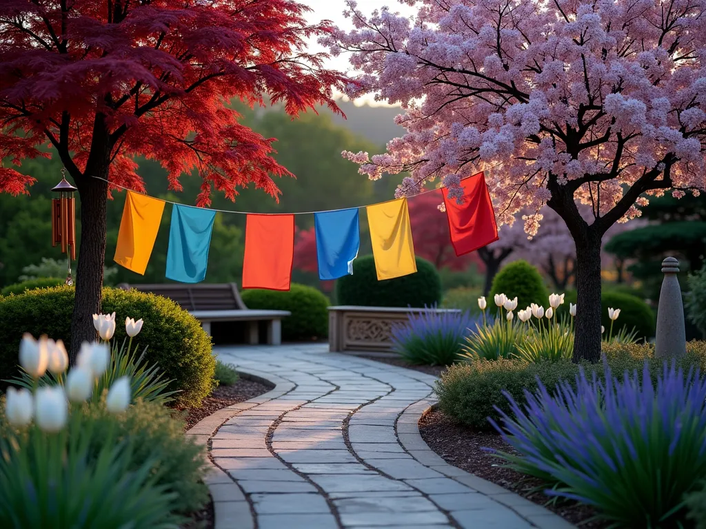 Serene Prayer Flag Memorial Garden at Dusk - A tranquil garden sanctuary at dusk, photographed with a wide-angle lens, showcasing colorful Tibetan prayer flags gently floating in the evening breeze between two mature cherry blossom trees. Soft landscape lighting illuminates a curved stone path leading to a small meditation area with a carved wooden bench. Japanese maple trees provide a crimson backdrop, while white peace lilies and purple lavender line the pathway. A small copper wind chime and crystal sun catcher catch the last rays of sunset, creating ethereal light patterns. The scene is captured with shallow depth of field, emphasizing the movement of the prayer flags against the soft-focused garden background.