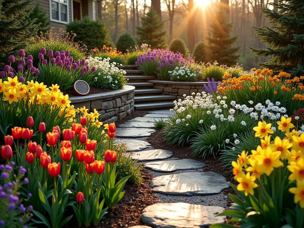 Four Seasons Memorial Garden Tribute - A stunning terraced garden bed at golden hour, photographed with a wide-angle lens capturing multiple flowering zones. In the foreground, spring tulips and daffodils burst with yellows and reds, transitioning to summer's purple coneflowers and white shasta daisies in the middle tier. The background features fall chrysanthemums and autumn joy sedums, while winter interest is provided by ornamental grasses and evergreen shrubs. Stone pathways wind between the beds, with a small copper memorial plaque nestled among the flowers. Natural stone retaining walls separate the tiers, with soft lighting illuminating the transitions. Dewdrops glisten on the petals as the sun sets, creating a magical atmosphere.