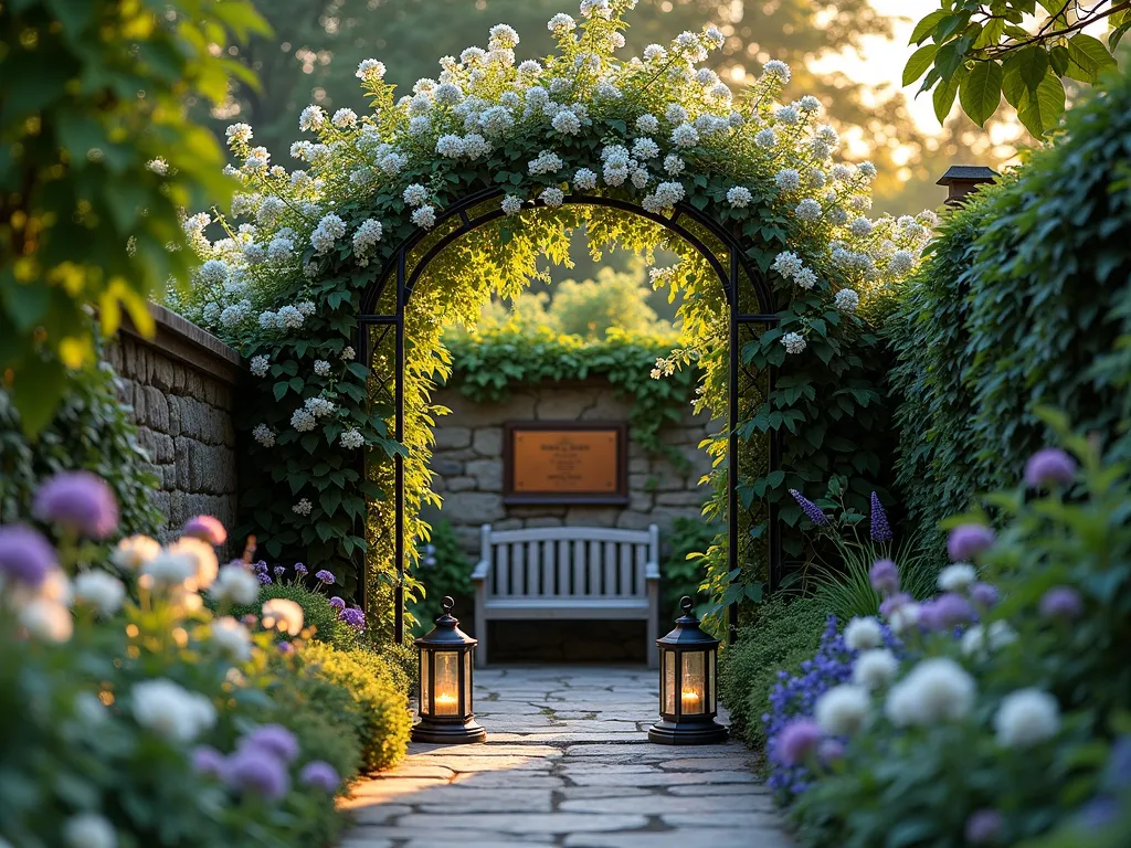 Enchanted Memorial Garden Nook at Dusk - A serene and intimate garden nook at dusk, photographed from a medium distance. An ornate wrought-iron archway covered in blooming wisteria and climbing roses creates a magical entrance. Natural stone walls partially covered with ivy frame the space, while Japanese maple trees provide dappled shade. A small copper memorial plaque nestles among blooming hydrangeas. A weathered stone bench sits beneath the archway, surrounded by soft-glowing garden lanterns. White flowering dogwood, lavender, and moonflowers create a dreamy atmosphere. Golden hour lighting filters through the foliage, casting gentle shadows across the flagstone path. Ethereal and peaceful atmosphere with a shallow depth of field highlighting the archway entrance.