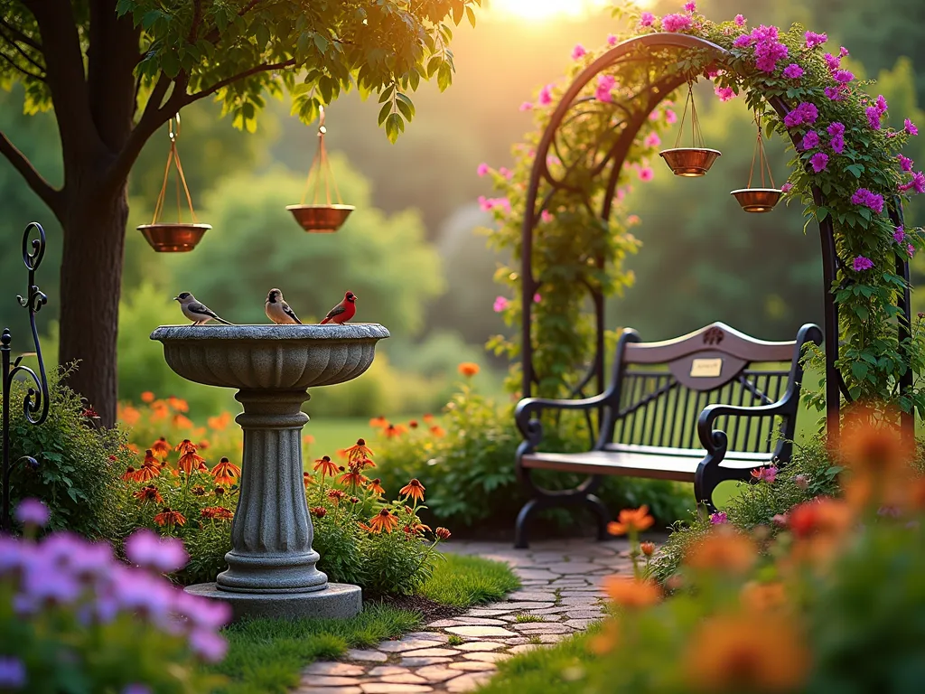 Serene Bird Haven Memorial Garden at Dawn - A tranquil backyard memorial garden at dawn, photographed with a wide-angle lens capturing golden morning light filtering through ornamental trees. A rustic stone birdbath serves as the focal point, surrounded by blooming purple coneflowers, red cardinal flowers, and black-eyed susans. Multiple copper bird feeders hang from wrought iron shepherd's hooks, while native songbirds perch on a decorative metal garden arch covered in climbing trumpet honeysuckle. A handcrafted wooden bench with a memorial plaque sits beneath a flowering dogwood tree, offering a peaceful spot for reflection. The garden features layers of berry-producing shrubs including winterberry holly and elderberry, creating depth and natural food sources. Delicate morning dew sparkles on spider webs between the plants, adding ethereal quality to the scene. Shot with soft bokeh effect in background, 16mm, f/2.8, ISO 400, capturing the magical morning light and wildlife activity.