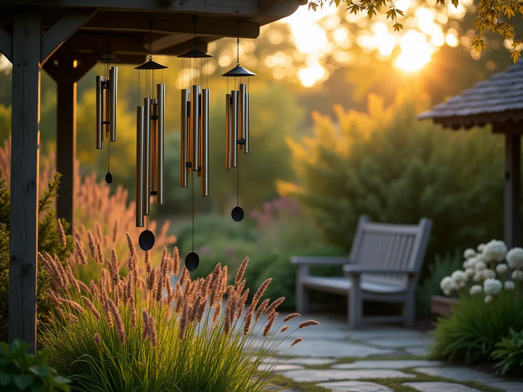 Serene Musical Wind Chime Memorial Garden - A tranquil dusk garden scene captured with a 16-35mm lens at f/2.8, ISO 400. Golden hour light filters through a collection of elegant brass and silver wind chimes hanging at varying heights from a weathered wooden pergola. The chimes are surrounded by flowing ornamental grasses, including Japanese Forest Grass and Purple Fountain Grass, swaying gently in the evening breeze. The scene is set in an intimate garden corner with a natural stone path winding through. Soft bokeh effects highlight the metallic shimmer of the chimes, while the background shows graceful Japanese Maples casting dappled shadows. A rustic wooden bench sits nearby, creating a peaceful contemplation spot. The composition is shot from a low angle, emphasizing the vertical harmony of the chimes against the sunset sky, with the grasses creating a dreamy, ethereal foreground.