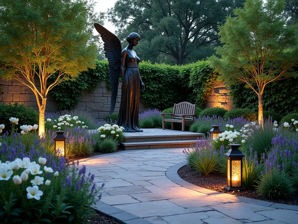 Serene Sculpture Memorial Garden at Dusk - A tranquil garden space at dusk, photographed with a DSLR wide-angle lens, featuring a central bronze angel sculpture standing 6 feet tall, its wings gracefully spread, surrounded by a curved pathway of natural stone pavers. Soft outdoor lighting illuminates the sculpture from below, casting gentle shadows across the garden. White flowering dogwood trees frame the scene, while clusters of white roses, lavender, and Japanese forest grass create layers of texture. A handcrafted wooden bench sits nearby for reflection. Stone lanterns emit a warm glow among beds of purple sage and white echinacea. The background features a natural stone wall covered in climbing hydrangea, creating depth and intimacy. Captured at f/8 with natural twilight highlighting the sculptural elements and creating a ethereal atmosphere.