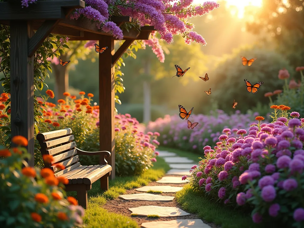 Sunset Butterfly Memorial Garden - A serene backyard butterfly garden sanctuary at golden hour, photographed with a wide-angle lens at f/2.8. Masses of purple butterfly bush, orange lantana, and pink zinnias create sweeping waves of color. Butterflies dance through warm sunbeams, casting delicate shadows on a winding stone path. A rustic wooden bench sits beneath a flowering pergola, while ethereal light filters through the foliage. The garden features graceful curves and layered plantings, with monarch and swallowtail butterflies hovering over the blooms. Soft bokeh effect in the background captures the magical atmosphere, with gentle lens flare adding to the dreamy quality. High-resolution, photorealistic detail of the intricate wing patterns and flower petals.