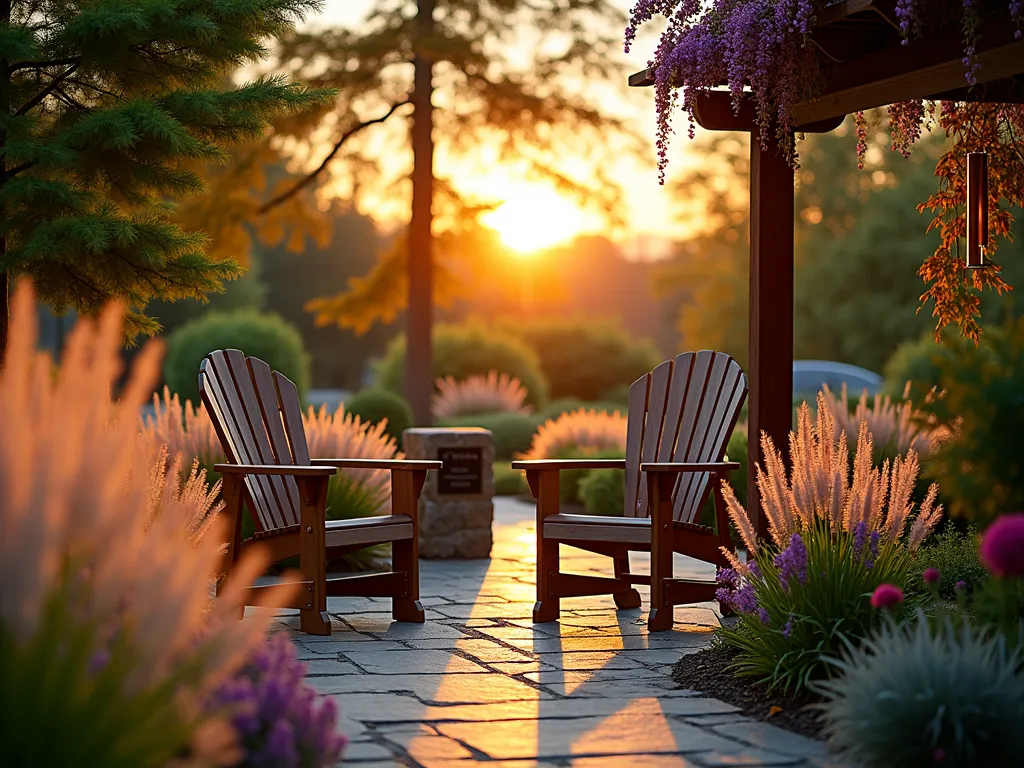 Tranquil Sunset Memorial Garden - A serene west-facing garden at golden hour, photographed with a wide-angle lens capturing a peaceful memorial setting. An intimate stone patio features two elegant teak Adirondack chairs positioned to face the setting sun. Mexican feather grass and Japanese silver grass sway gracefully in the foreground, their translucent plumes backlit by warm sunset light. Purple fountain grass and Japanese maples create dramatic silhouettes against the orange sky. Soft LED path lights begin to glow among natural stone pavers, while copper wind chimes hang from a nearby pergola draped with climbing wisteria. A small memorial plaque rests on a weathered stone pedestal surrounded by dreamy pink muhly grass catching the last rays of sunlight. Shot at f/2.8 with subtle depth of field and golden bokeh effects.