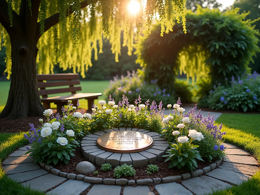 Sunset Memorial Time Capsule Garden - A serene garden scene at golden hour, featuring a circular raised flower bed surrounded by a natural stone border. In the center, an elegant bronze memorial plaque marks the time capsule location, partially surrounded by blooming white roses, purple lavender, and forget-me-nots. Soft evening light filters through a nearby weeping cherry tree, casting gentle shadows across the garden. A rustic wooden bench sits nearby for reflection, while climbing ivy gracefully covers a weathered garden arch in the background. Shot with a wide-angle lens at f/2.8, capturing the warm sunset glow and creating a dreamy bokeh effect through the flowers.