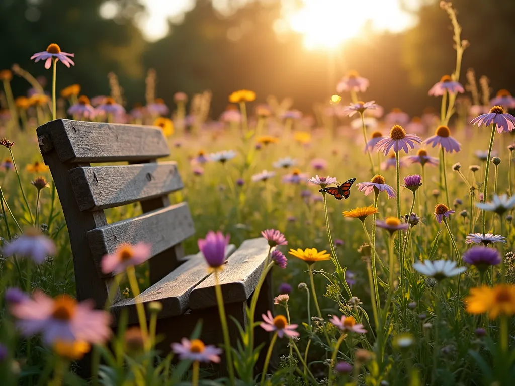 Sunset Wildflower Memorial Meadow - A serene and ethereal garden scene captured during golden hour, featuring a naturalistic wildflower meadow stretching across a backyard. The low-angle shot shows delicate purple coneflowers, golden black-eyed susans, and white daisies swaying gently in the breeze, their silhouettes backlit by the warm evening sun. Native grasses intersperse the blooms, creating depth and movement. A rustic wooden bench sits nestled among the flowers, providing a peaceful spot for reflection. Butterflies and bees hover around the blossoms, while dewdrops catch the golden light. The meadow transitions into a soft-focus background where additional wildflowers create a painterly tapestry of colors. Shot with a digital camera, 16-35mm lens at f/2.8, ISO 400, creating a dreamy bokeh effect that enhances the memorial garden's emotional resonance.