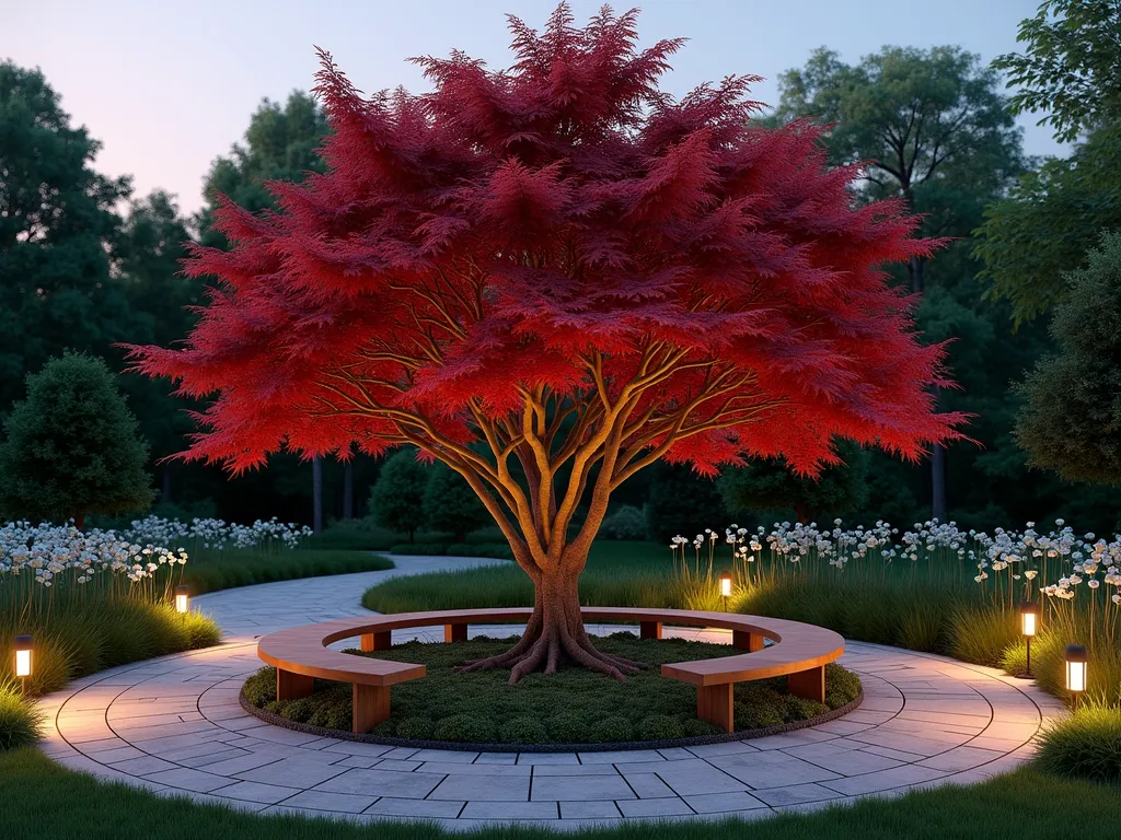 Twilight Family Tree Memorial Garden - A majestic Japanese maple tree centered in a circular garden space at twilight, its graceful branches illuminated by soft garden lights. A handcrafted wooden circular bench wraps around the tree's base, creating an intimate seating area. The surrounding ground features a ring of white flowering plants including peace lilies and white roses, symbolizing remembrance. Small solar lanterns line the curved stone pathway leading to the memorial tree. The garden space is captured from a three-quarter elevated angle, showing the tree's full canopy and the peaceful seating area below, with the warm glow of dusk creating a serene atmosphere. Natural stone pavers create a subtle border around the circular garden space, with ornamental grasses providing gentle movement in the background. Photorealistic, emotional, architectural photography style.