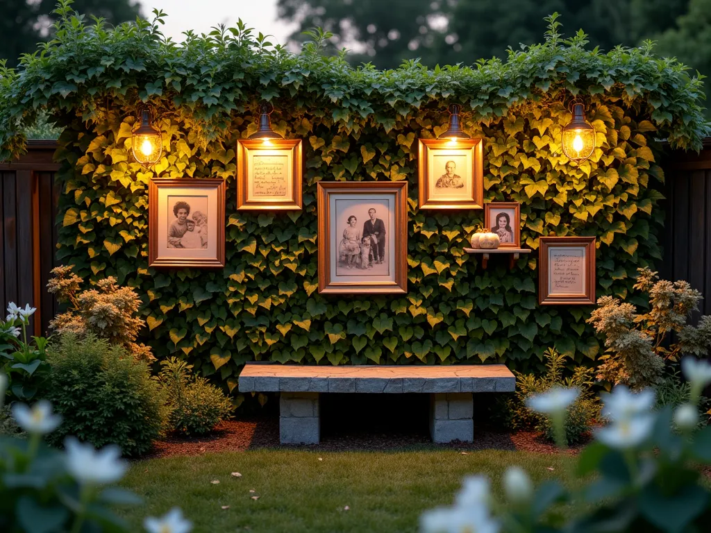 Twilight Memory Wall Garden - A serene garden scene at dusk featuring a 8-foot living wall covered in climbing Virginia Creeper and fragrant Jasmine, with warm LED uplighting creating a gentle glow. The wall incorporates weathered copper frames holding vintage family photographs and handwritten notes protected behind glass. Small mounted ceramic shelves display meaningful trinkets and mementos, while delicate fairy lights weave through the foliage. A curved stone bench sits before the wall, surrounded by white flowering Peace Lilies and Memory Roses. Shot in golden hour with a shallow depth of field focusing on a particularly touching family photo among the vines, captured using a 35mm focal length, f/2.8, creating a dreamy bokeh effect with the twinkling lights in the background.