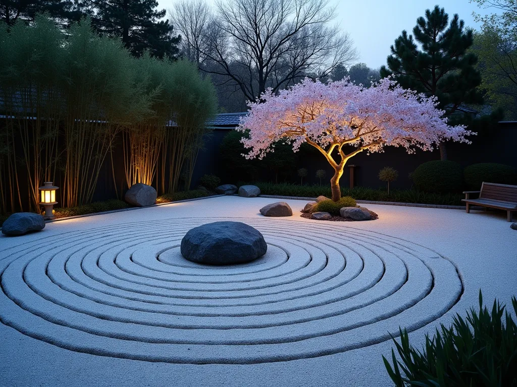 Serene Zen Memorial Garden at Dusk - A tranquil Japanese-inspired memorial garden photographed at dusk, featuring meticulously raked white gravel patterns forming concentric circles around carefully placed dark granite boulders. Soft uplighting illuminates a single flowering cherry blossom tree casting gentle shadows across the peaceful space. Simple bamboo plantings line the perimeter, while a traditional wooden bench offers a quiet spot for contemplation. A small stone lantern emits a warm glow, creating a meditative atmosphere. Shot with a wide-angle lens at f/8, capturing the entire intimate garden space with crystal clarity, the fading twilight sky adding depth and serenity to the scene. Professional DSLR photograph with perfect exposure and natural lighting enhancing the garden's zen aesthetic.