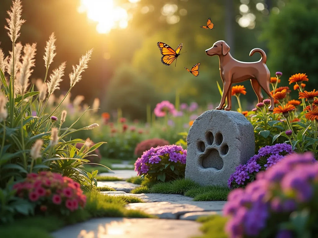 Tranquil Butterfly Memorial Garden - A serene late afternoon garden scene captured with golden hour sunlight filtering through vibrant butterfly bushes and lantana flowers. A dignified stone pet memorial, adorned with a carved paw print, nestles among clusters of purple and orange zinnias. Several monarch and swallowtail butterflies hover gracefully around the blooms. The memorial garden is photographed from a low angle, creating an intimate perspective with soft bokeh in the background. Natural stone pavers create a gentle path leading to the memorial, while ornamental grasses sway gently in the breeze. A decorative copper garden stake featuring a dog silhouette catches the warm light, creating a touching focal point. Shot with DSLR camera, wide-angle lens, f/8, ISO 100, 1/125 sec, during golden hour.