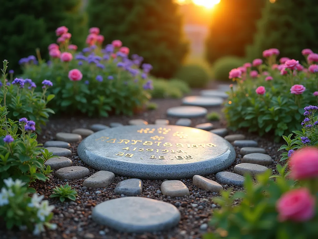 Sunset Pet Memorial Stone Circle Garden - A serene circular garden bed at golden hour, photographed from a 45-degree elevated angle. A polished granite memorial stone forms the centerpiece, engraved with paw prints and surrounded by blooming forget-me-nots and pink roses. Small river stones form a perfect circle around the perimeter, each hand-painted with golden remembrance dates and messages. Purple catmint and white candytuft create a soft, flowing border that catches the warm evening light. Natural stone stepping stones lead to the memorial circle through a carpet of creeping thyme. The garden is set against a blurred background of mature evergreens, creating depth and tranquility. Soft bokeh effects from the setting sun highlight dewdrops on the flowers. Shot with a DSLR camera, wide-angle lens at f/8, ISO 100, 1/125 sec, capturing the ethereal quality of dusk while maintaining sharp detail in the memorial stone and surrounding elements.