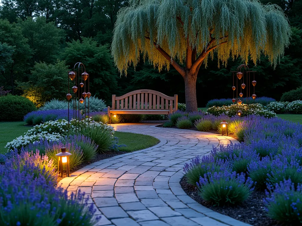 Illuminated Infinity Memorial Garden Path - A serene twilight garden scene featuring a beautifully designed figure-eight shaped pathway made of natural stone pavers, creating an infinity symbol pattern. The path is lined with softly glowing solar lanterns and bordered by flowing waves of purple lavender, white bleeding hearts, and blue forget-me-nots. At the intersection of the loops stands a weathered teak memorial bench beneath a weeping cherry tree, its branches gracefully arching over the seating area. Copper garden stakes with hanging wind chimes add gentle movement, while carefully placed uplighting creates dramatic shadows across the peaceful space. Shot with a wide-angle lens at dusk to capture the ethereal glow of the garden lighting against the deepening blue sky, showcasing the entire infinity loop design in perfect symmetry.