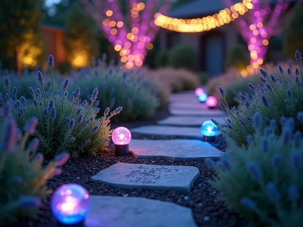 Enchanted Pet Memorial Light Garden at Dusk - A magical twilight garden scene captured with a wide-angle lens, showing a curved memorial garden path illuminated by color-changing solar orbs and twinkling string lights weaving through silver artemisia plants. Multiple mirror balls nestled among the foliage reflect the ethereal lights, creating dancing patterns across the space. The focal point features a simple stone pet memorial marker surrounded by a constellation of blue and purple solar lights. Silvery artemisia catches the last rays of dusk, their metallic foliage amplifying the magical atmosphere. Soft bokeh effects in the background create a dreamy, celestial quality, while the foreground shows detailed texture of the plants and pathway stones. Shot at f/2.8 to capture the magical light interplay, with the warm-to-cool transition of dusk adding depth to the scene.